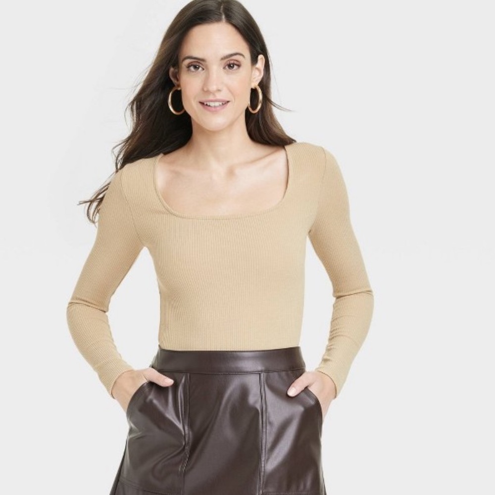 Women’s Slim Fit Long Sleeve Body Suit- A New Day Tan Large